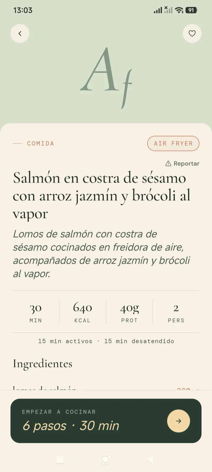 Pantalla de una receta en la app Coquu, con tiempo, calorías y proteína